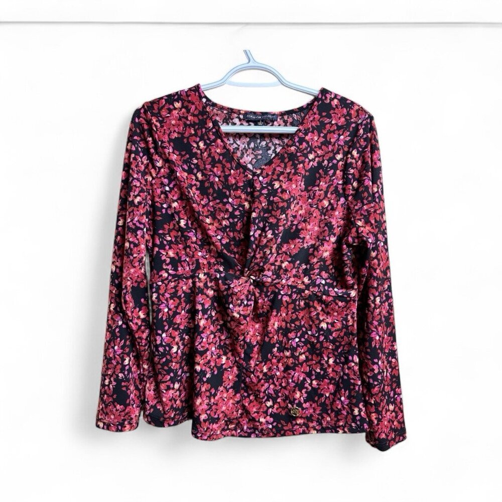 Adrienne Vittadini Floral Tie Front Blouse Top Small Red Pink Black Fall